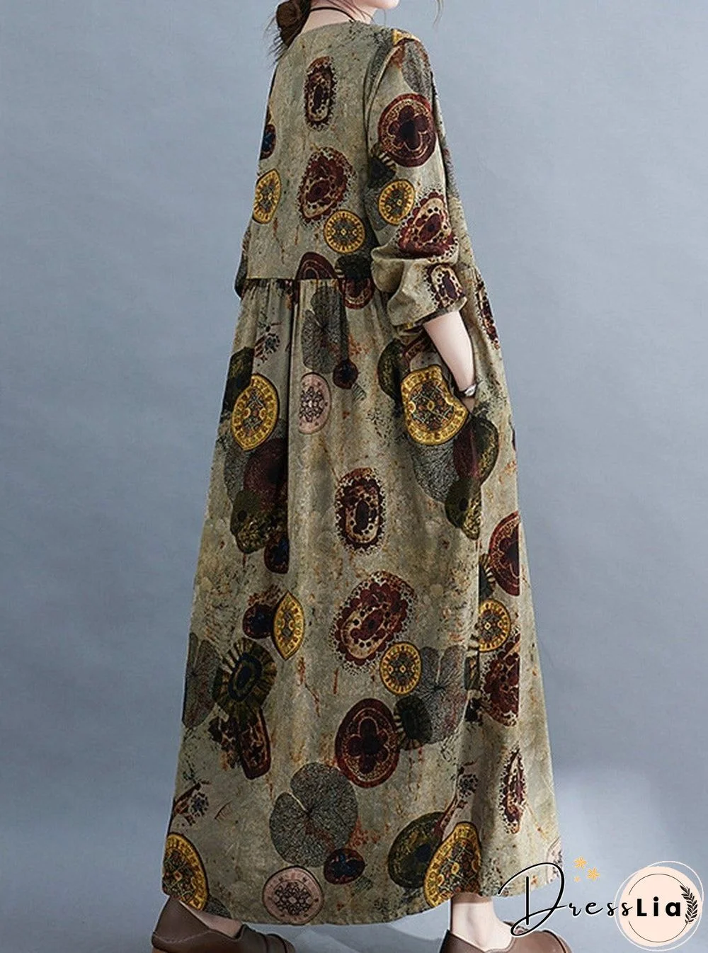 Vintage Print Loose Round Neck Long Sleeve Dress