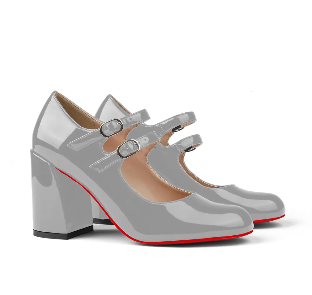 85mm Chunky Low Block Heels Mary Jane Closed Toe Work Pumps Comfortable Round Toe Dress Wedding Red Bottom Shoes-vocosishoes
