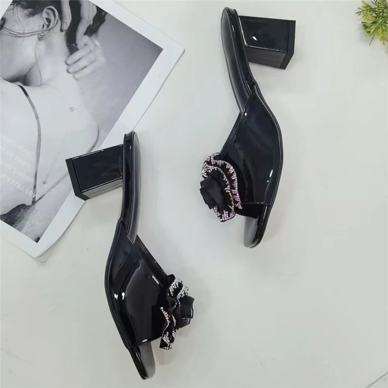 VCSHOES Jeweled Pleated Flower Decor Sandals Women Patent Leather Slingbacks Square Open Toe Mules