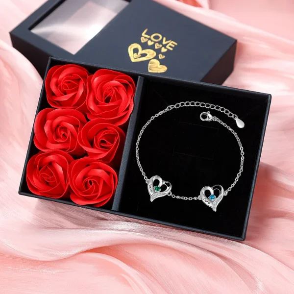 2 Names - Personalized Heart Bracelet Gift Set With Gift Box Custom Name & Birthstone Bracelet Gift For Her