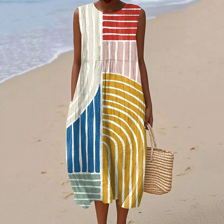 Women's Vintage Abstract Stripes Art Print Cotton Casual Dress