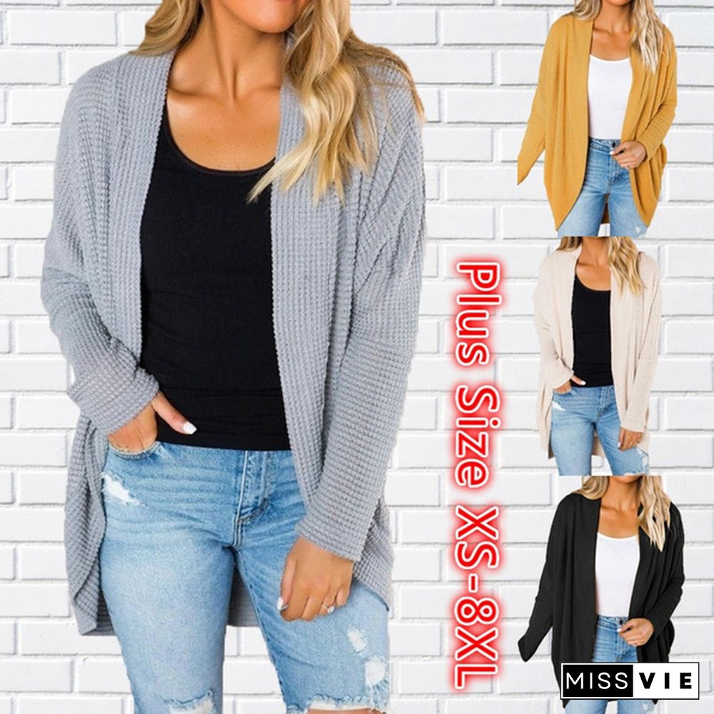 Women Loose Casual Long Sleeve Pure Color Plus Size V Neck Coat Autumn Cardigan Sweater Coat Plus Size XS-8XL