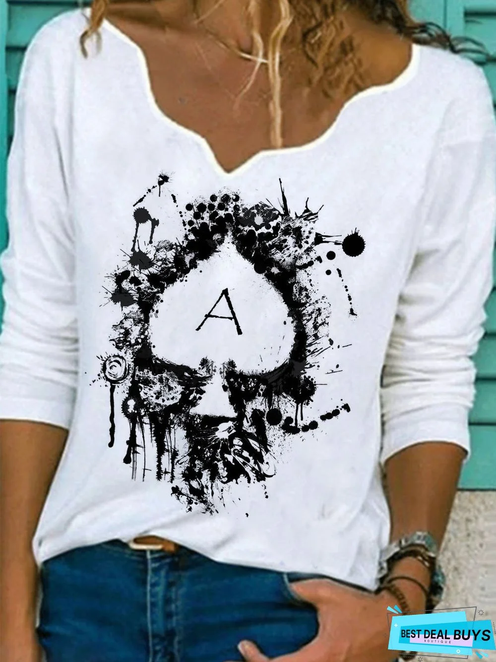 Simple V Neck Long Sleeve Printed T-shirt