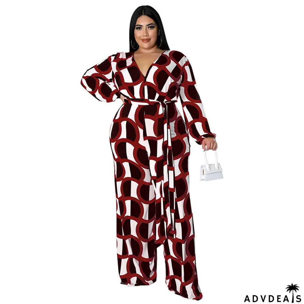 New Fashion Plus Size Women's Fall Long Sleeve Print Casual Wide Leg Jumpsuit