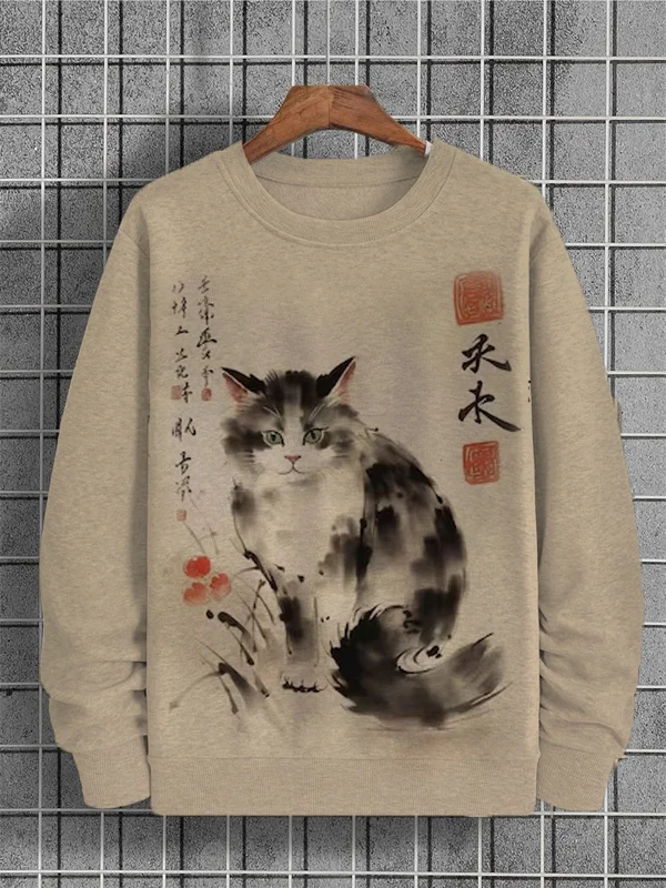 Men's Vintage Ink Painting Cat Graphic Print Pullover Sweatshirt