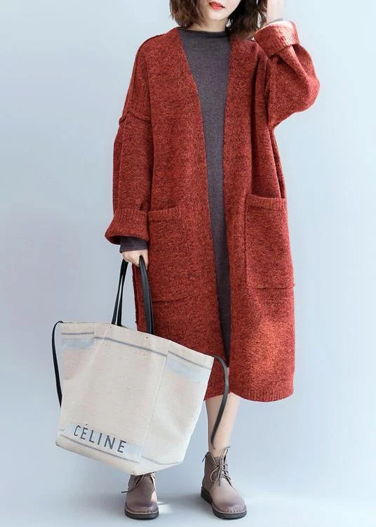 Vintage knitted coat oversized red Batwing Sleeve pockets coats