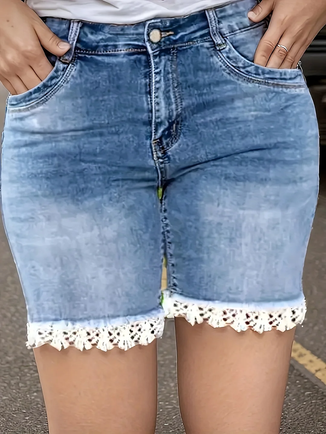 Women's Summer Fashion New Denim Shorts, Elegant Mid-Rise Lace Shorts, Casual Slim Shorts, Raw Edge Details, Fabric, Summer Trend Versatile | IFYHOME