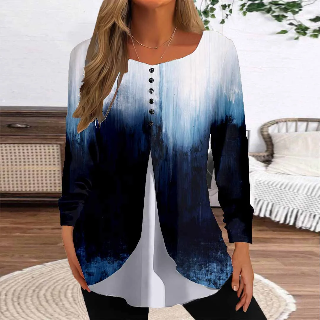 Women Colorblock,Blue DZGG8315 Long Sleeve Scoop Neck Printed Graphic Button Fake 2in1 Tops