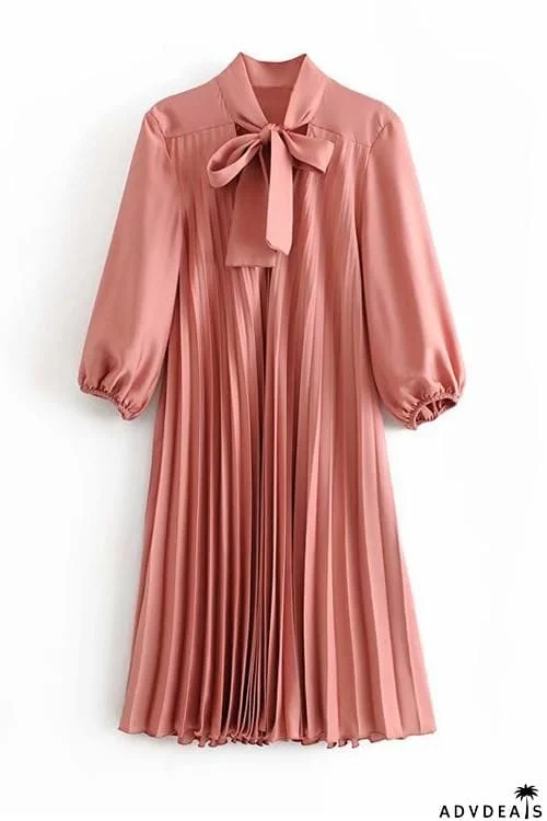 Tied Neck Long Sleeve Pleated Mini Dress