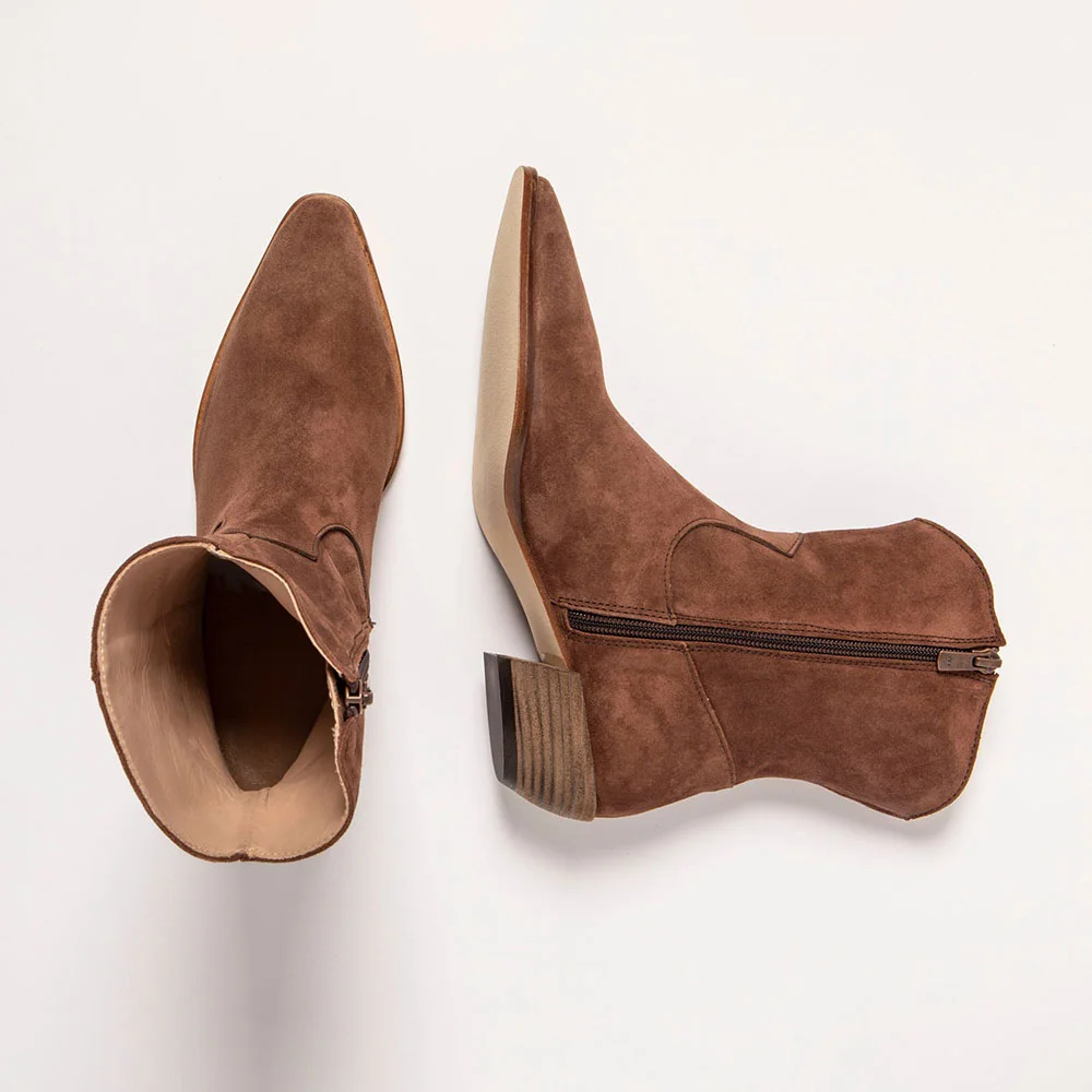 Vegan Suede Almond Toe Zipper Chunky Heel Ankle Boots in Brown
