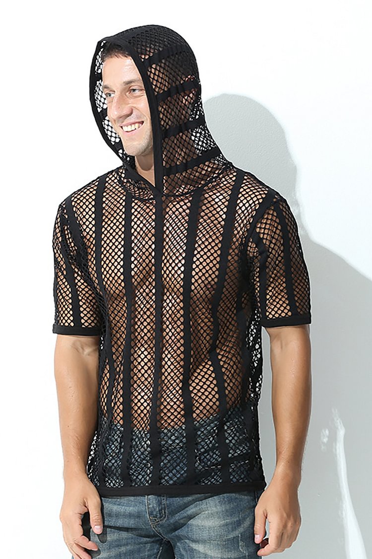 Men's See-Through Casual Short-Sleeved Hooded Loose T-shirt