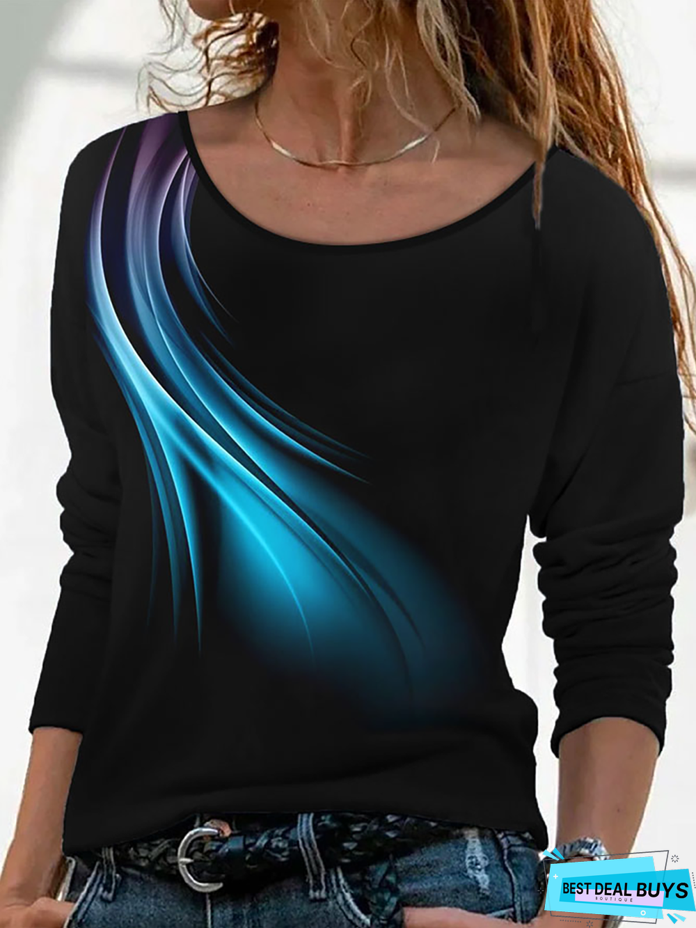 Casual Abstract Autumn Micro-Elasticity Jersey Long sleeve Crew Neck Regular H-Line T-shirt for Women