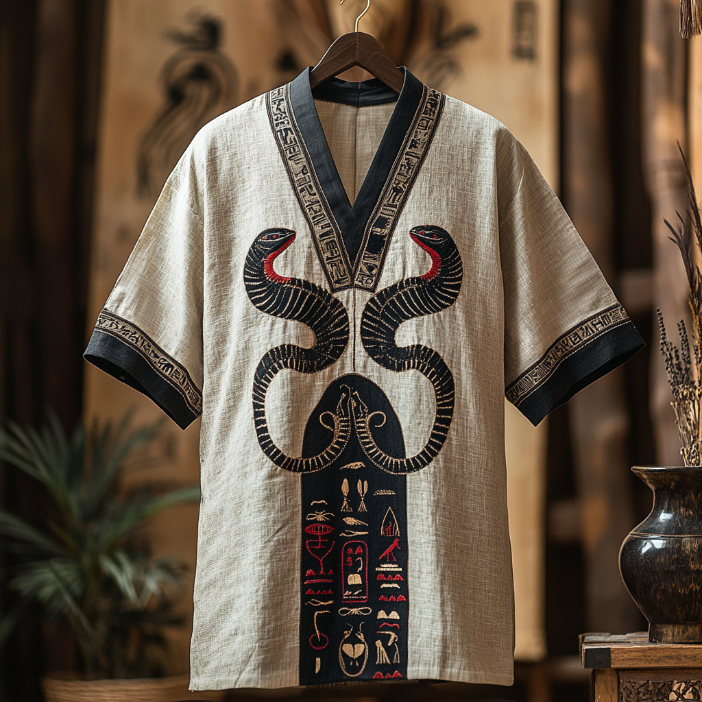 Ancient Egyptian Snake Art Embroidered Linen Shirt