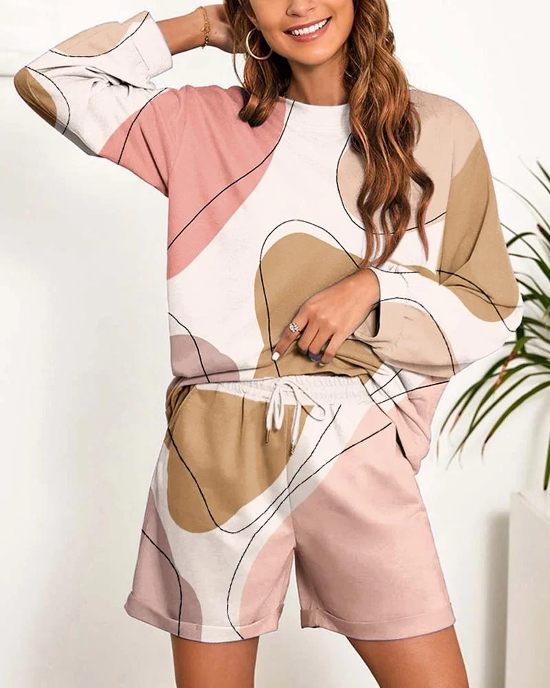 Casual Colorblock Line Print Sport Two Piece Outfits