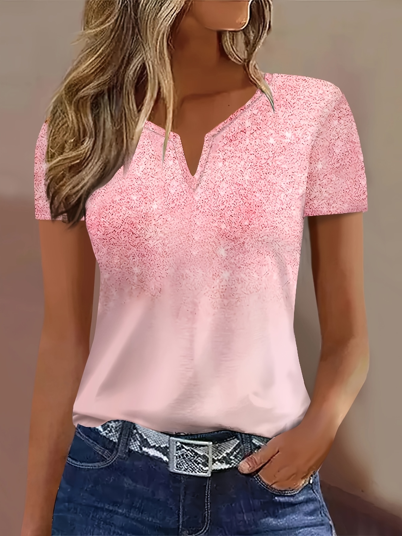 Women's Elegant V-Neck Short Sleeve T-Shirt - Soft Stretch Polyester-Spandex Blend, Geometric Print, Machine Washable, All-Season Casual & Formal Wear | IFYHOME