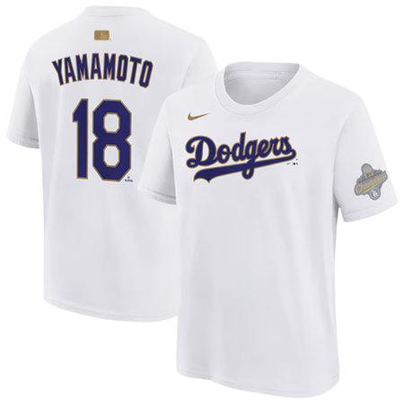 Men's Los Angeles Dodgers #18 Yoshinobu Yamamoto Nike White 2026 Gold Collection Name & Number T-Shirt E01V