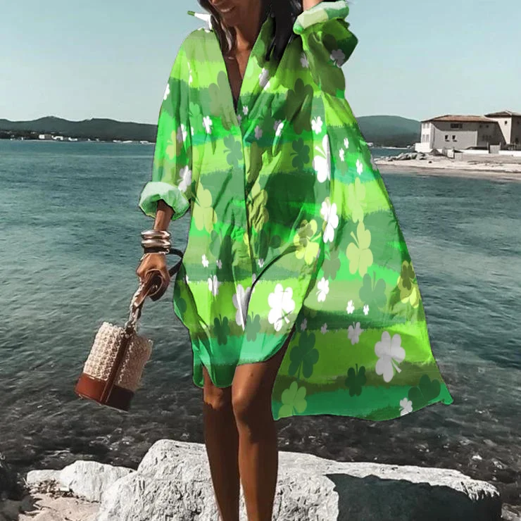 Lucky Clover Print Lapel Long Sleeve Shirt Midi Dress