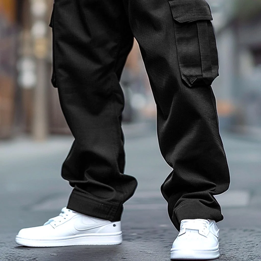 Black Cargo Pants with Side Pockets and White Sneakers