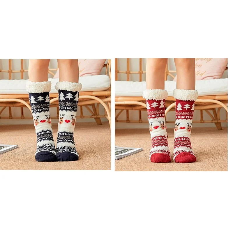 Glglge New 2 Pair Long Floor Man Socks Home Slipper Man's Winter Warm Fuzzy Anti-Skid Lined Indoor Floor Slipper Christmas Socks