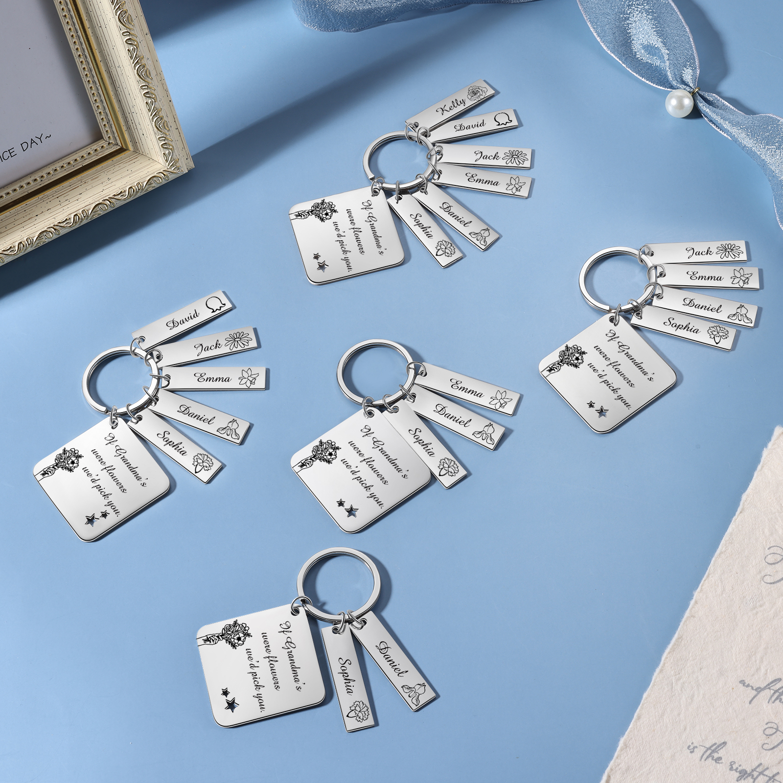 Personalised 5 Names & 5 Birth Flowers Keychain Custom Text Family Keychain Gifts for Mother/Grandma-Jessemade AU