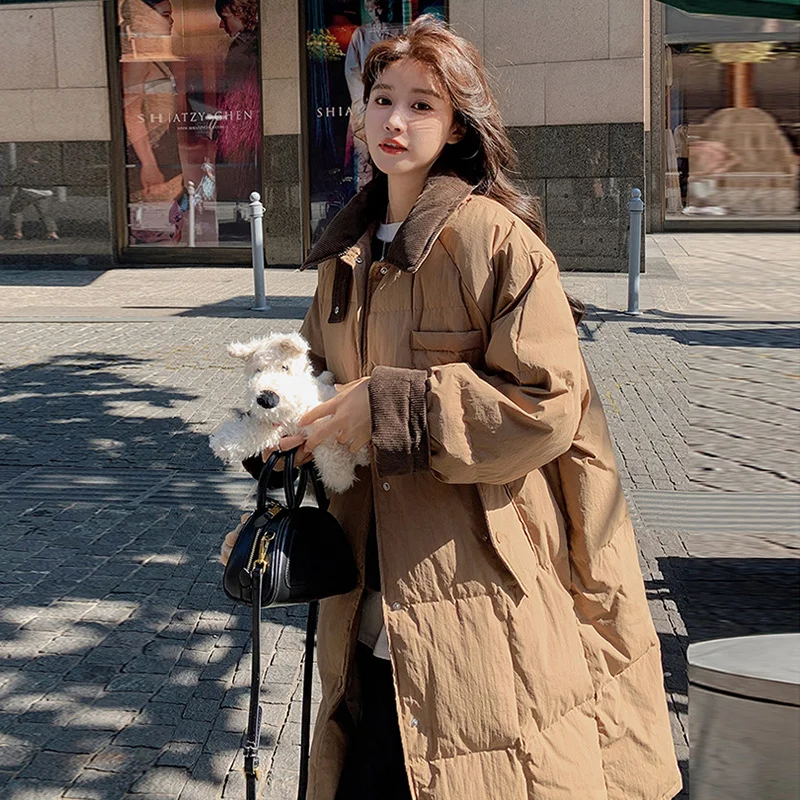 Woherb White Duck Velvet Contrast Color Long Down Jacket Female 2024 Winter Fashion Fashion Corduroy Lapel Over The Knee Coat Tide-Outfit Ideas