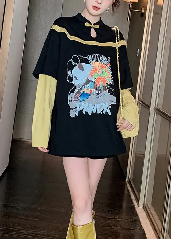 Casual Black O-Neck Print Patchwork Button Top Long Sleeve