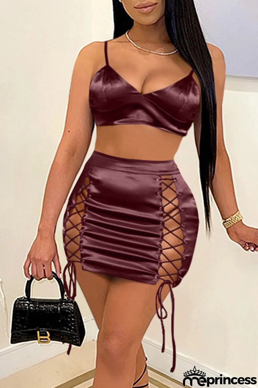 Burgundy Sexy Solid Bandage Hollowed Out Patchwork Spaghetti Strap Sleeveless Two Pieces