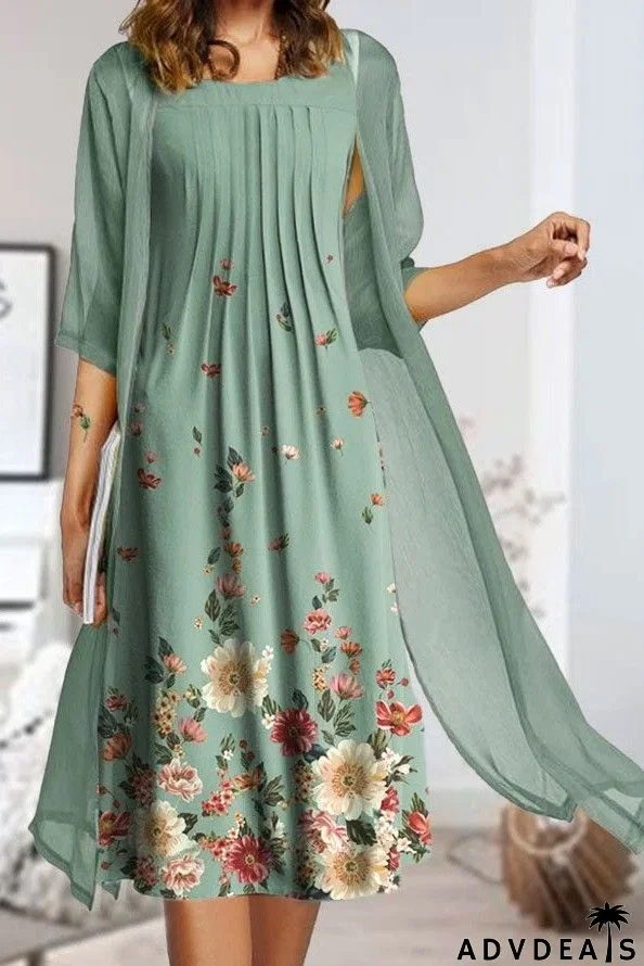 Floral Print Casual Half Sleeves Two Piece Midi Dress