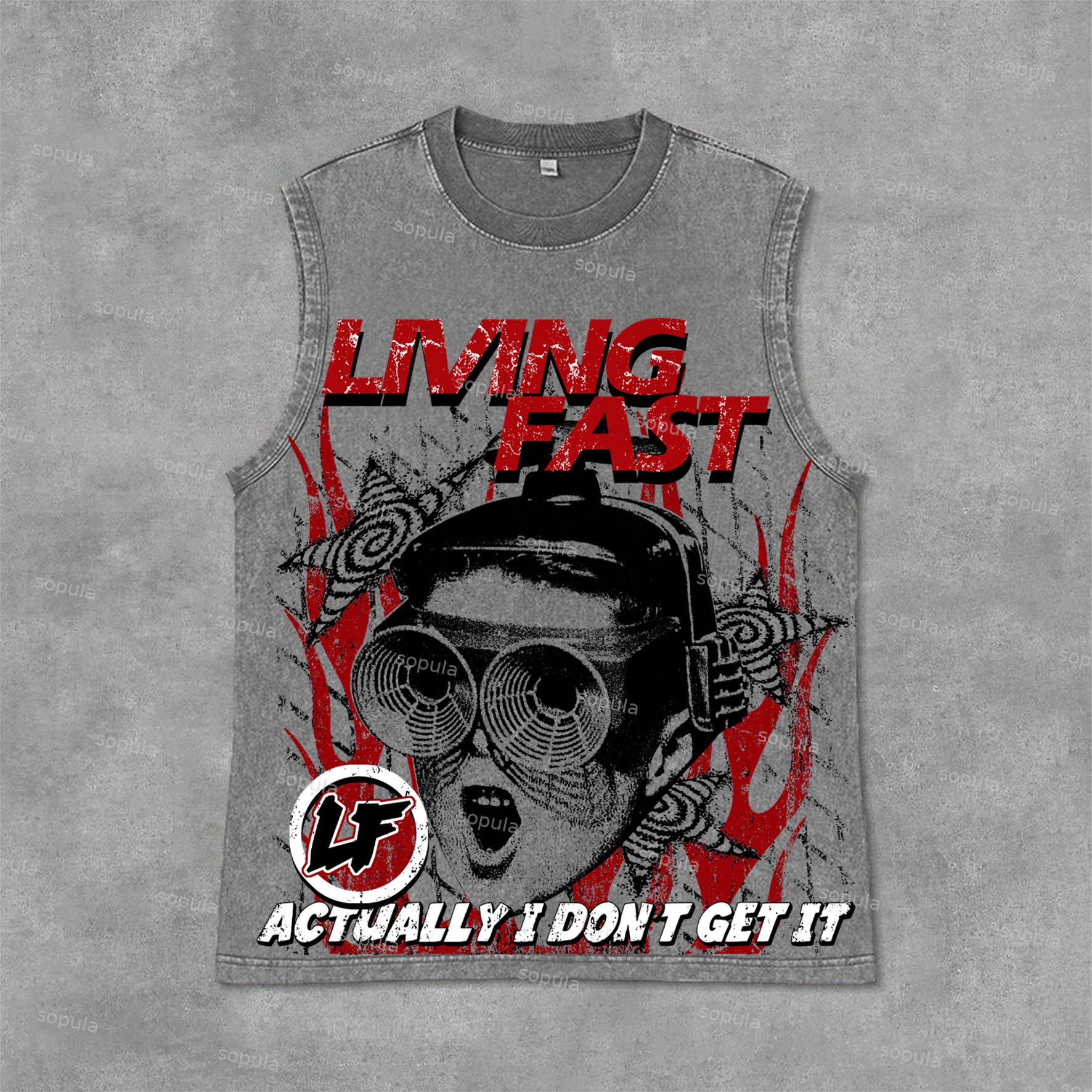 Vintage Portrait Living Fast Graphic Print Acid Washed Sleeveless Tank Top - SOPULA