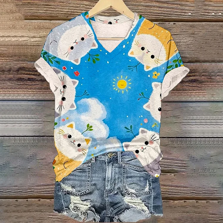 Simpfit Bequemes T-Shirt mit süßer Cartoon-Katzen-Grafik