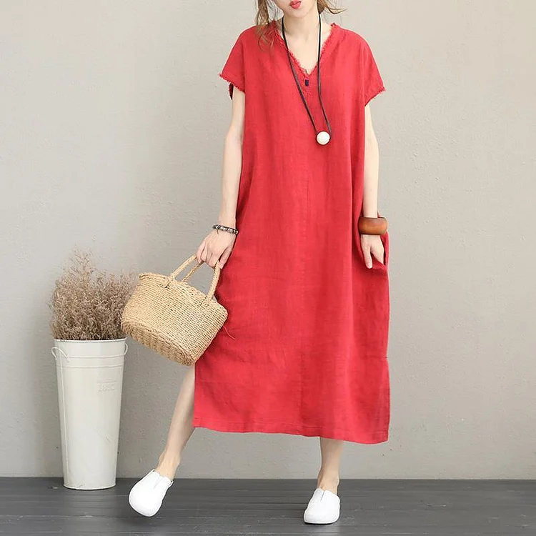 2018 red natural cotton dress casual v neck traveling dress Elegant side open maxi dresses