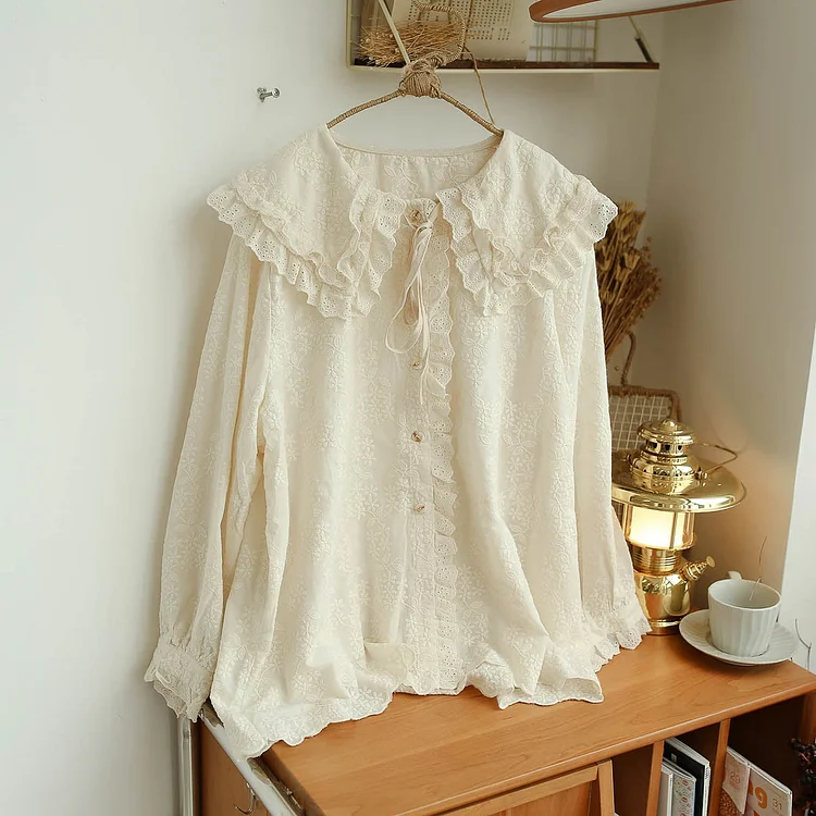 Queenfunky cottagecore style Embroidered Lace Blouse QueenFunky