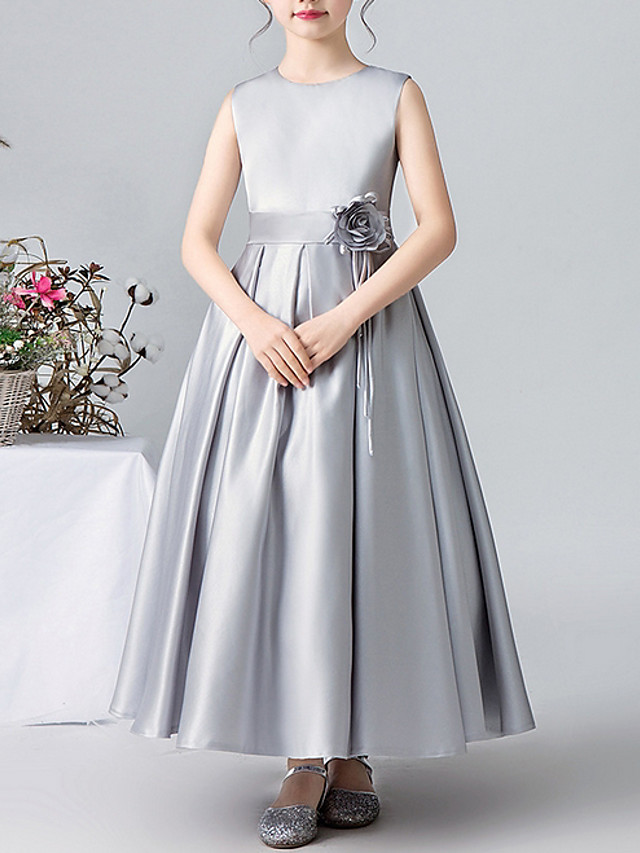 Bellasprom A-Line Ankle Length Satin Flower Girl Dress With Pleats Appliques Bellasprom