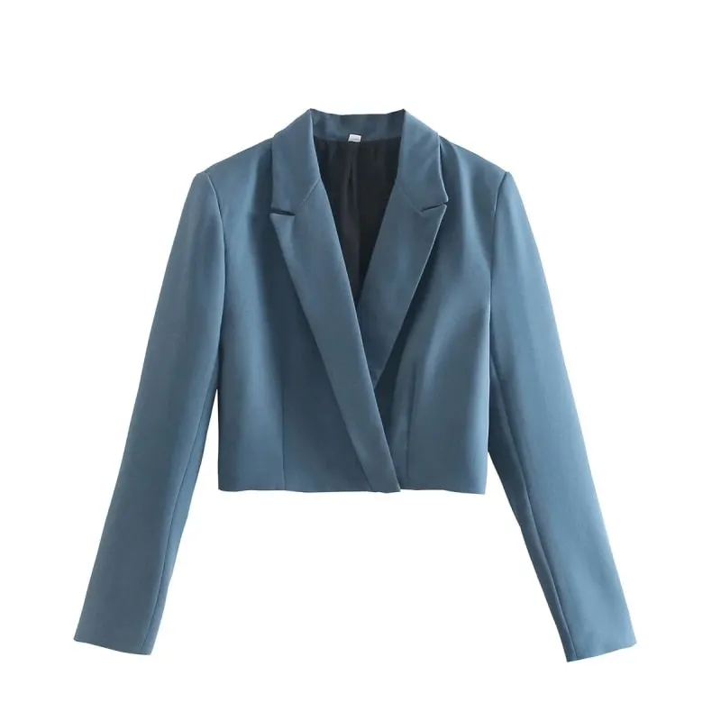 Stylish Elegant Blue Skirt Suits Women 2021 Fashion 2 Buttons Cropped Blazer Faux Pockets Mini Skirts Suits Female Chic Sets