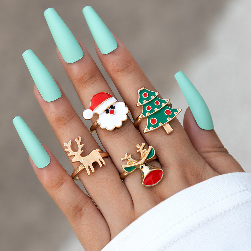 4Pcs Christmas Geometric Knuckle Ring Set For Women Enamel Santa Claus Tree Elk Joint Ring Female Party Jewelry Gift