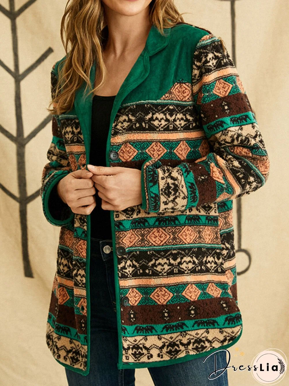 Ethnic Print Patchwork Long Sleeve Lapel Collar Button Jackets for Women