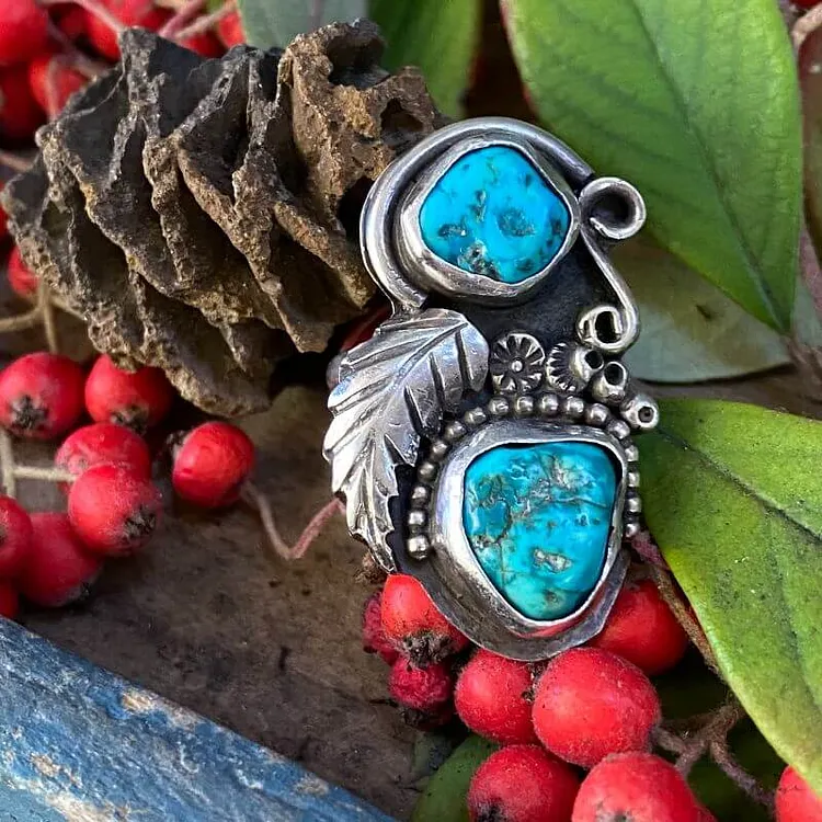 Navajo Double Turquoise Stone Ring in Sterling Silver Size 6
