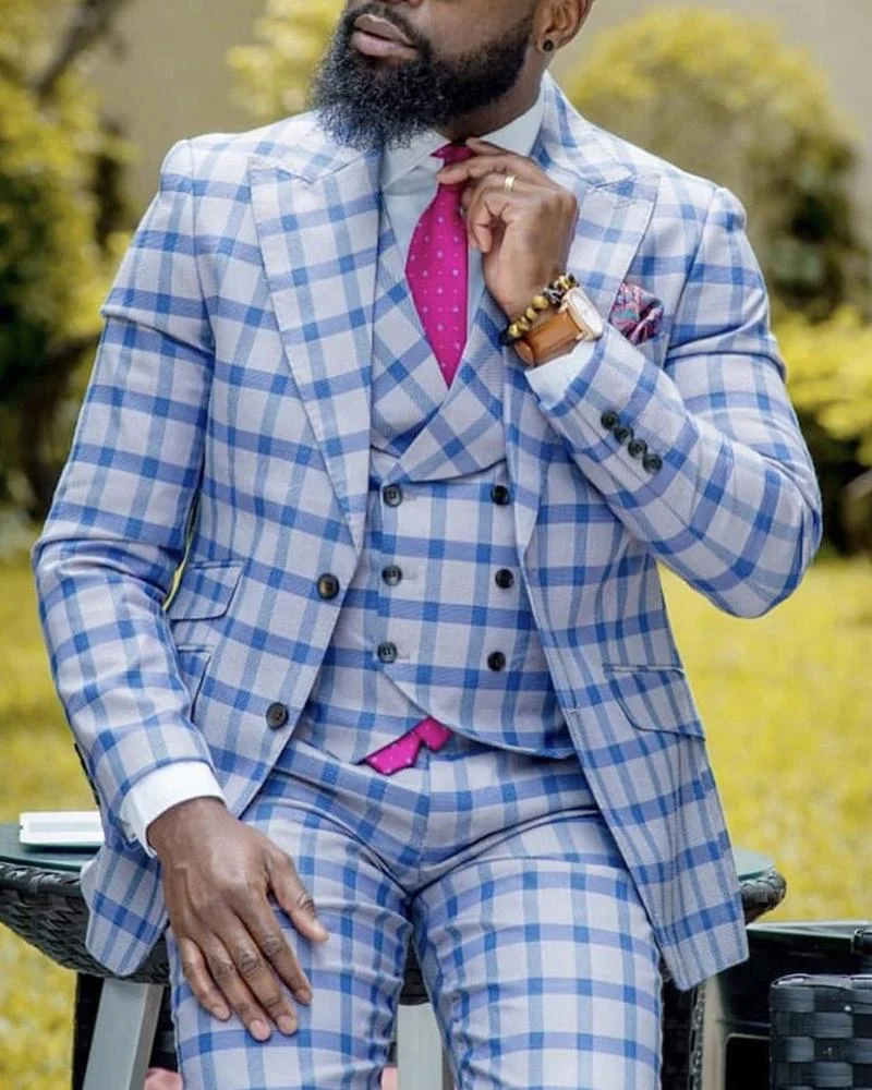Men's Casual Light Blue Plaid Elegant Blazer