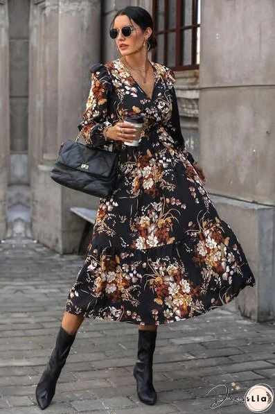 Floral Surplice Tie Front Ruffle Hem Midi Dress