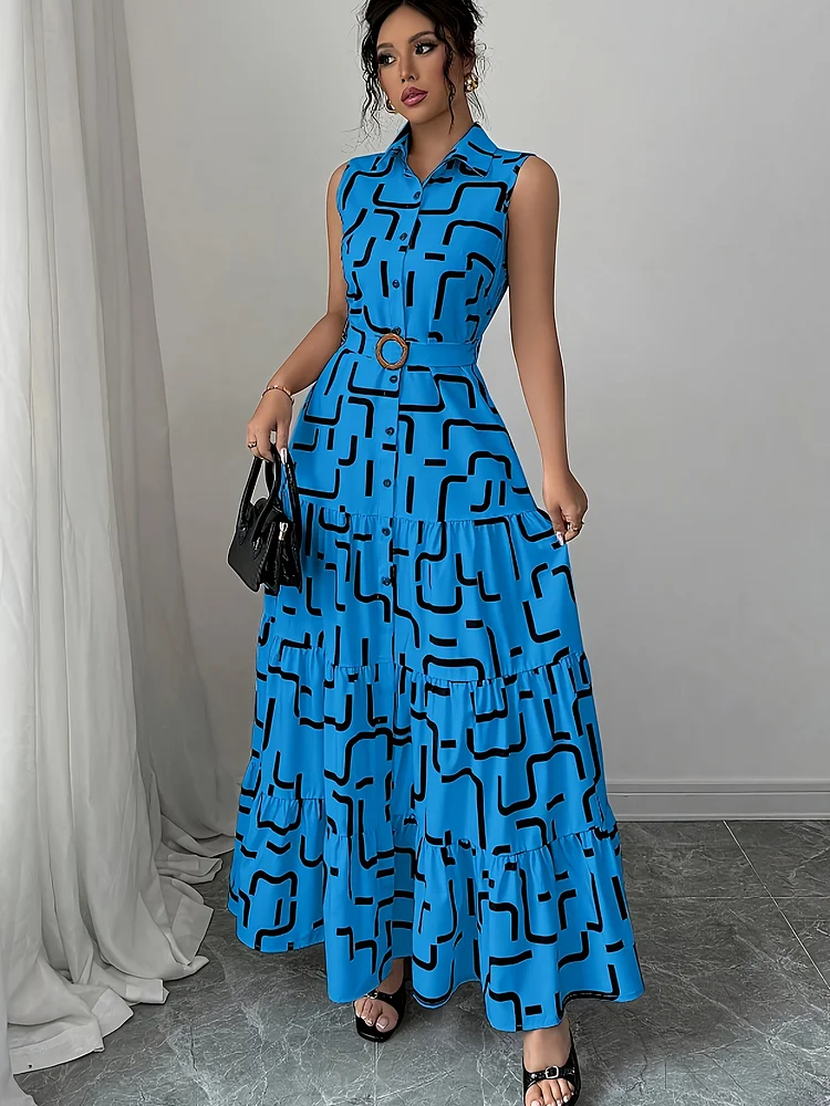 Women's Elegant V-Neck Print Button Sleeveless Tiered Cake Dress - Ideal For Spring/Summer, Perfect For Adult, Vacation Style, Lapel Collar, Tiered Skirt, Casual Dress | Vacation Style | Tiered Skirt