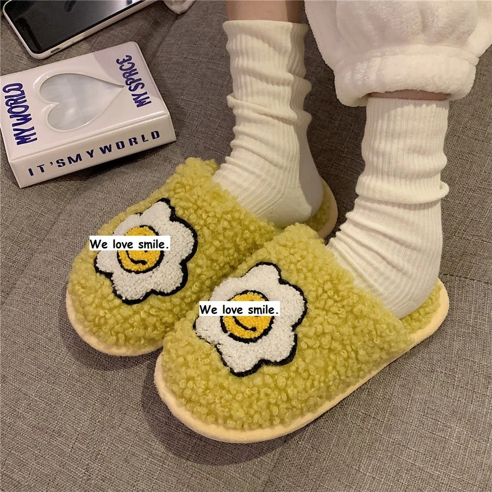 Slippers Winters Indoor Womens Fluffy Soft  Slip On House Curly Fur Slippers Sunflower Pattern Antiskid Short Plush Flat Shoes