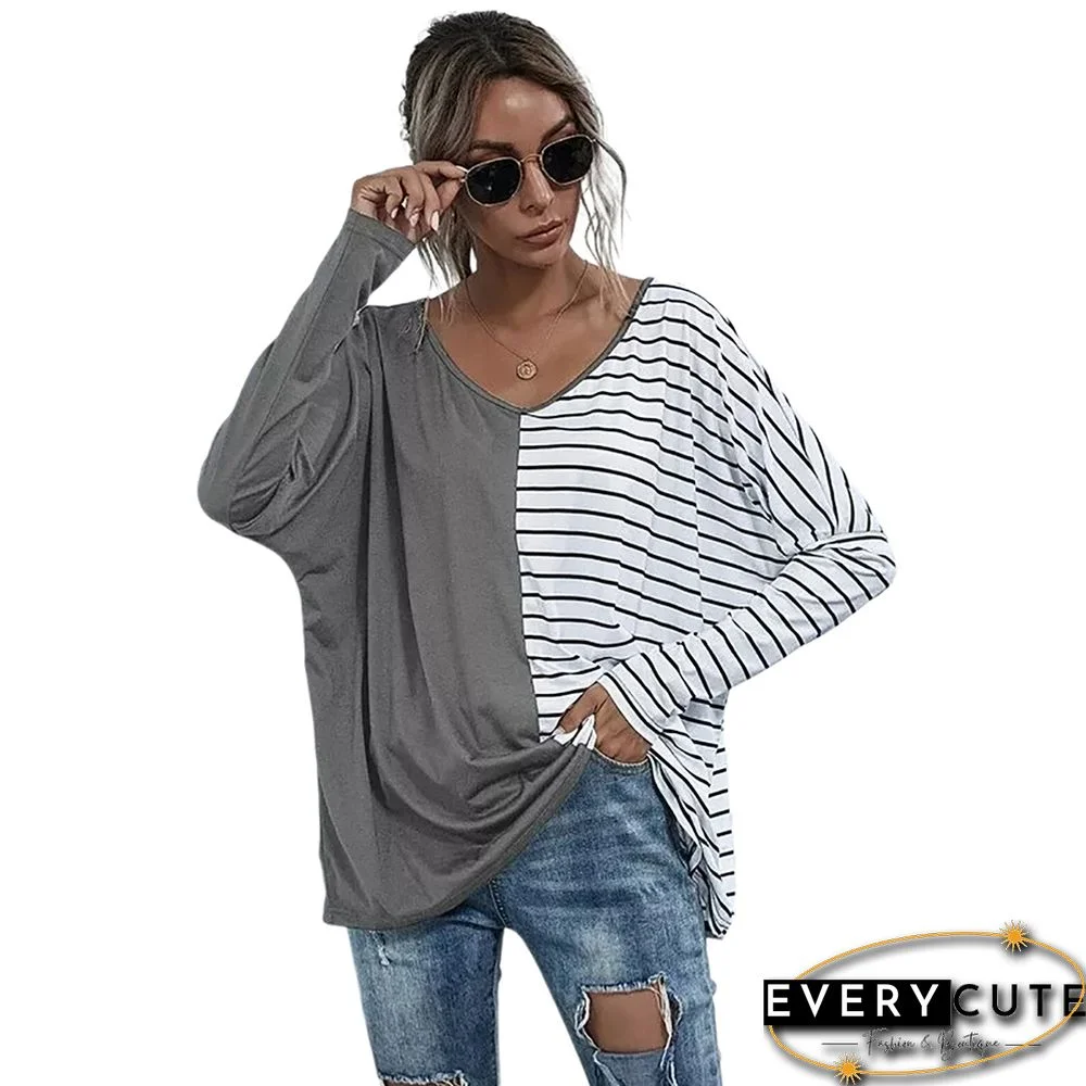 Gray Stripe Contrast Long Sleeve Tops