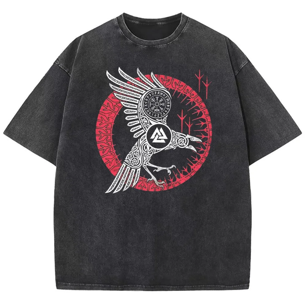 Men's Washed And Distressed Odin Crow Celtic Mythology Pure Cotton Short-sleeved T-shirt