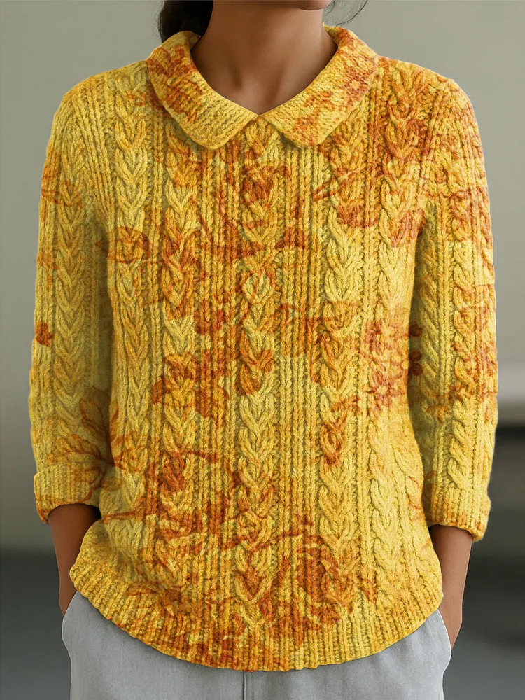 Women's Vintage Autumn Floral Painting Art Print Casual Peter Pan Collar 3/4 Sleeve Sweater