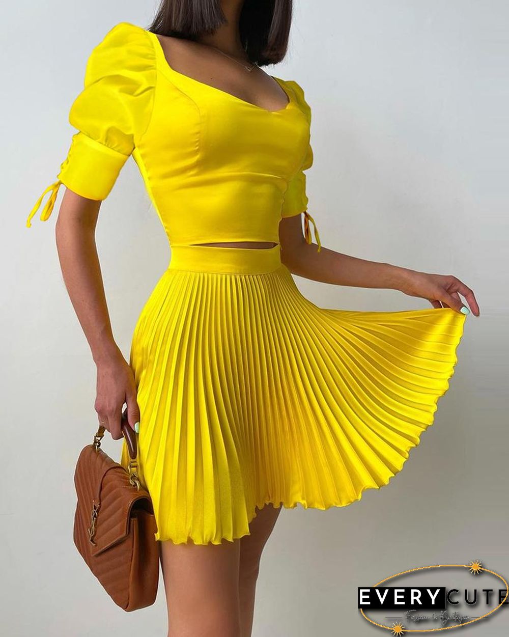 Puff Sleeve Top & Frill Hem Pleated Skirt Set