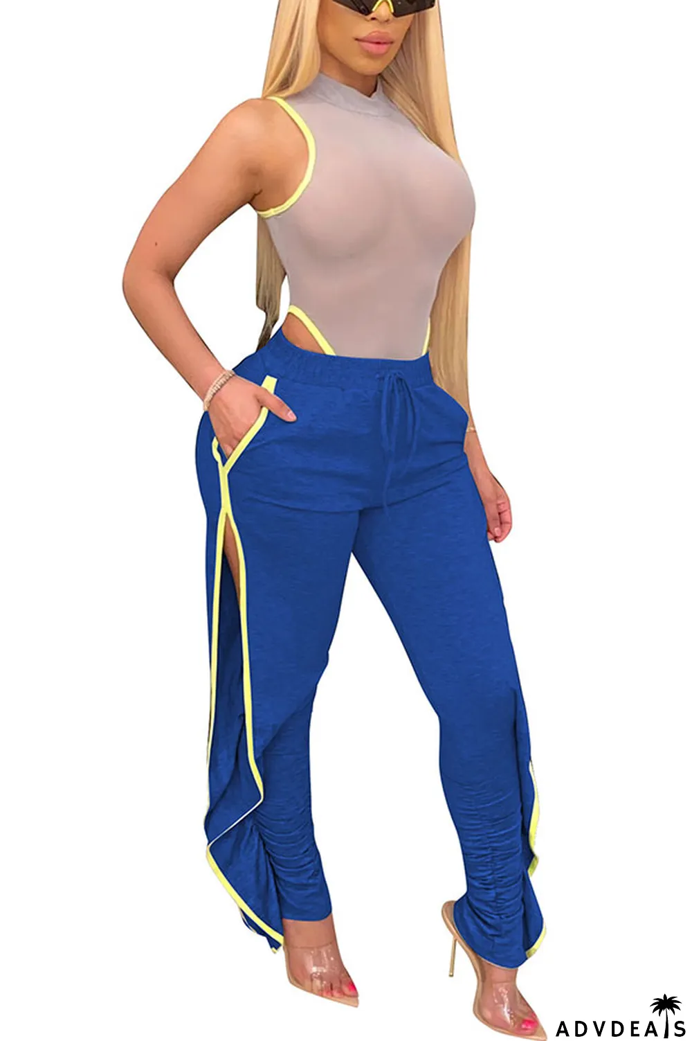 Grey Black Grey Blue Green Yellow Cotton Drawstring Sleeveless Mid Patchwork Solid Split Draped Straight Pants Bottoms