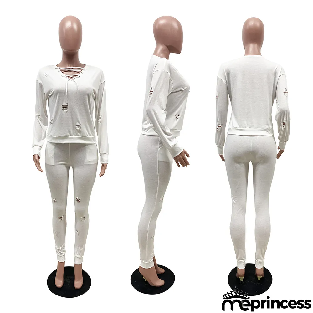 Solid Hole Long Sleeve Two Piece Pants Sets