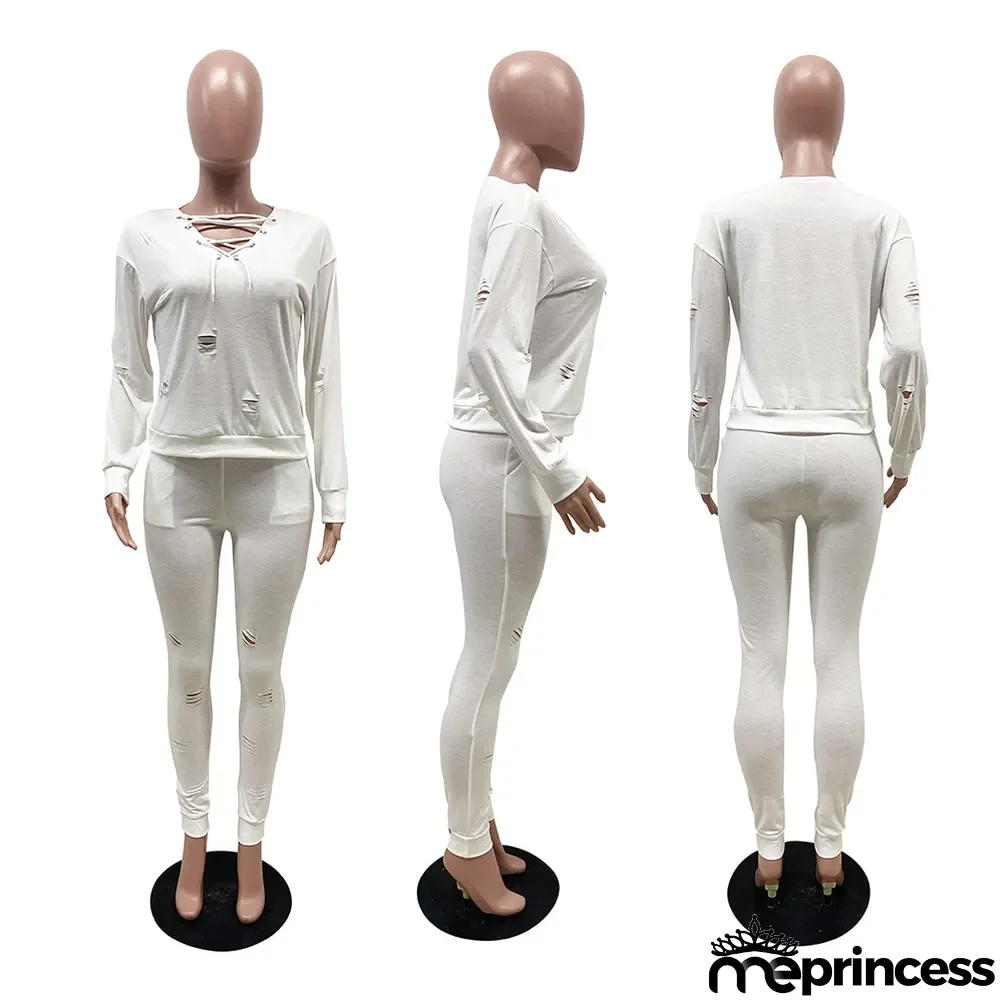 Solid Hole Long Sleeve Two Piece Pants Sets