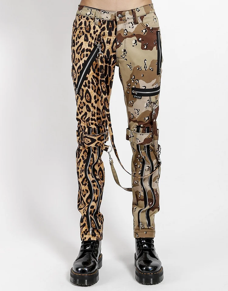 SPLIT LEG LEOPARD AND SAND CAMO BONDAGE PANT