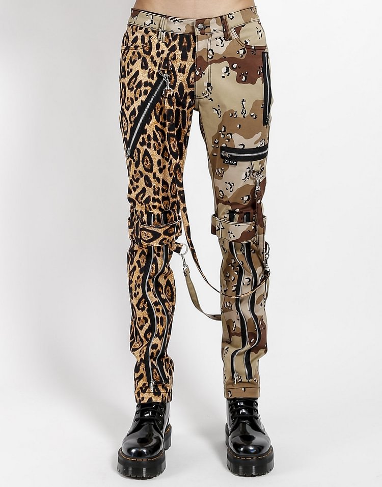 SPLIT LEG LEOPARD AND SAND CAMO BONDAGE PANT